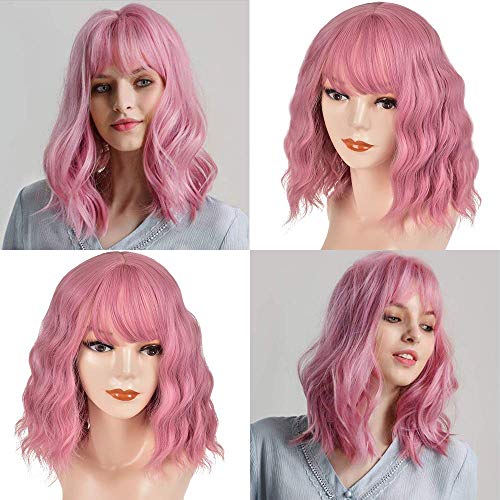 Short Bob Wig with Bangs Synthetic Wavy Pink Wigs for Women, 14 Inch Shoulder Length Natural Looking Cosplay Curly Wig for Girl Colorful Costume Wigs Heat Resistant (14 inch Pink)