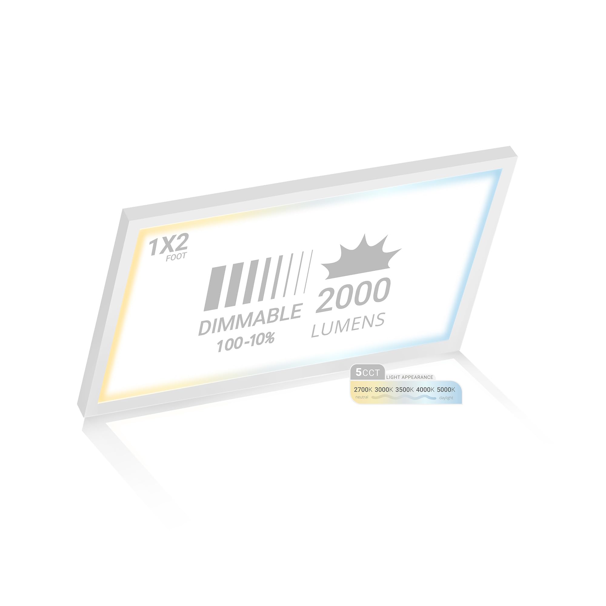 NUWATT 1x2 FT LED Flat Panel, 5CCT 2700K/3000K/3500K/4000K/5000K Selectable, 2000LM, 22W, Internal Driver, Dimmable, 120V, CRI90, 1 x 2 Surface Mount Panel, 12x24 Flush Mount LED Light, 1" Inch Thin
