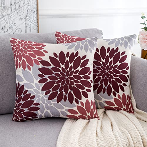 Kissenbezüge Rot und Grau Kissenbezug 40 x 40 Dahlie Herbst Kissenhülle Abstrakt Blumen Muster Sofakissen Dekokissen 2er Set Outdoor Kissen Bezüge für Wohnzimmer Schlafzimmer Sofa Stuhl Wohnkultur