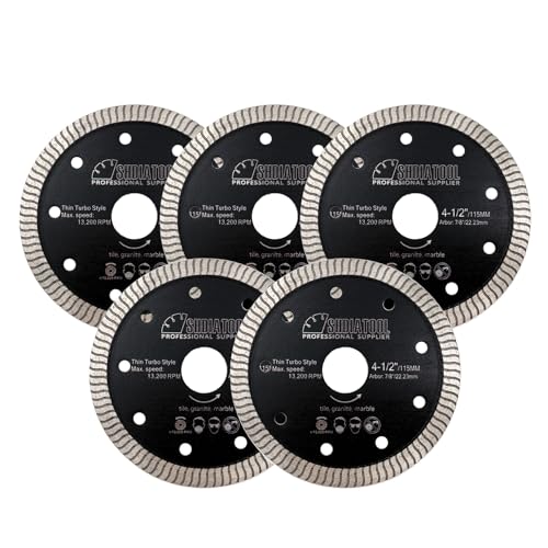 SHDIATOOL Super-Thin Diamond Saw Blade 4-1/2- Inch (115mm) Porcelain Cutting Disc for Tile Ceramic Marble Granite Arbor 7/8 Inch on Angle Grinder(Pack of 5)