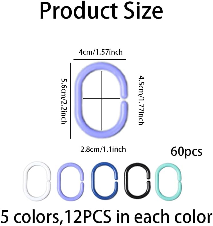 60 Pack Plastic C-Shape Shower Curtain Hooks for Bathroom, Shower, Window Rods and Curtains Hangers(5 Colors)