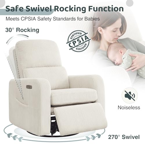 Image of Swivel Rocker Recliner, Oversized Power Recliner Glider with Removable Cushion, Upholstered Corduroy Swivel Reclining Nursery Chairs for Living Room Bedroom, Cream White