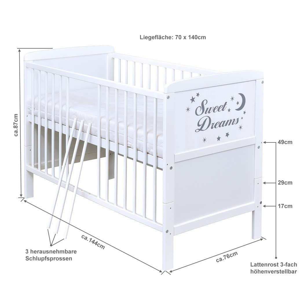 Generisch Baby Delux Babybett 70x140 Kinderbett umbaubar zum Juniorbett weiß 140x70 mit Aloe Vera Komfort Matratze und Beißschienen (Sweet Dreams)