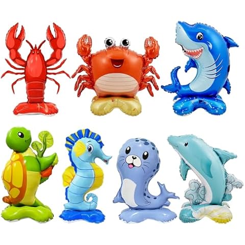 7 Pcs Sea Animal Balloons - Standing Sea Turtle Seahorse Dolphin Shark Crab Lobster Sea Lion Foil Balloons Sea Creature Ocean Balloons for Under The Sea Ocean Themed Party Decorations Cover