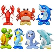 7 Pcs Ocean Animal Balloons - Standing Turtle Seahorse Dolphin Shark Crab Lobster Sea Lion Foil Balloons for Under The Sea Themed Party Decorations
