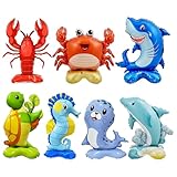 7 Pcs Ocean Animal Balloons - Standing Turtle Seahorse Dolphin Shark Crab Lobster Sea Lion Foil Balloons for Under The Sea Themed Party Decorations