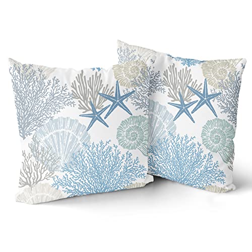 Nautical Coastal Throw Pillow Covers 18X18 Inch Summer Ocean Themed Seashell Coral Starfish Pillow Cases Set Of 2 Soft Cotton Square Cushion Covers For Home Couch Sofa Patio Bedroom #TOP1