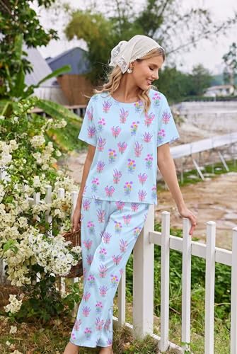Image of Ekouaer Womens Satin Silky Pajama Set Short Sleeve Shirt with Long Pajama Pant Set Soft PJ Loungewear