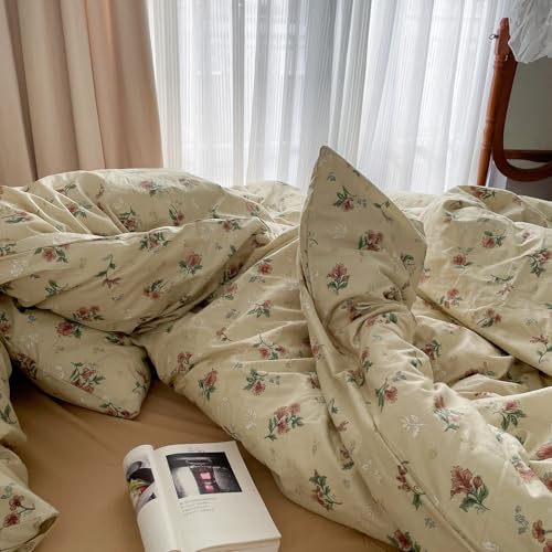 Image of MKXI Yellowish Beige & Red Floral Duvet Cover Set Twin Size - 3 Piece Vintage Country Bedding Set with Floral & Green Leaf Patterns, 100% Cotton Soft Aesthetic Duvet Cover with Ties & Pillowcases