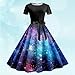 Damen Bunte Galaxy Kleid Lang - Space Kostüm Planeten Kleidr Rundhalsausschnitt Swingrock Kurzarmkleid Karneval Kostüm Sternenhimmel Weltall Cocktailkleid Digitaldruck Glitzerkleid Damen Dunkelblau