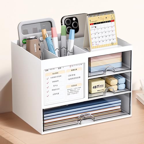 Organizador de Escritorio de PláStico,Organizador Escritorio,Organizador de Escritorio con 4 Compartimentos & 3 Cajones, Accesorios Escritorio Oficina Organizador Multifuncional,para Hogar, Oficina.