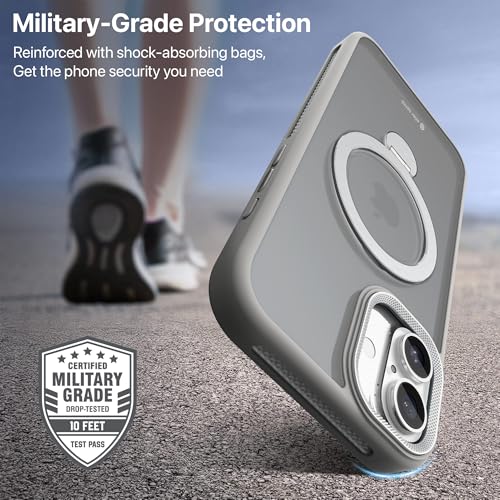 Image of eller sante Maximus Back Cover Case for iPhone 16 Plus with Magnetic Ring Metal Kickstand Camera Screen Protector TPU Shockproof 10ft Drop Protection Compatible with Mag-Safe- Grey
