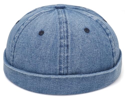 AROILIZEBO Classic Denim Skull Cap for Men Adjustable Brimless Beanie Hat for Everyday Casual Wear Blue