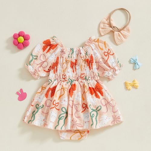 Infant Baby Girl Bunny Carrot Print Easter Romper Dress Short Puff Sleeve Bowknot Romper with Headband3