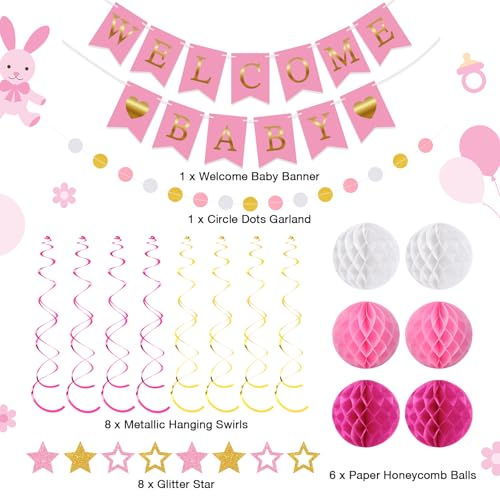 Image of WinnerWhy 25 Pcs Baby Shower Decorations for Girl, Pink Welcome Baby Banner with Glitter Stars, Hanging Swirls, Honeycomb Balls, Circle Dots Garland Girl Pink Decorations for Gender Reveal Party Decor