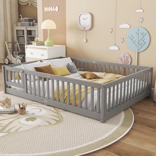 Bellemave Full Size Floor Bed with Slats and Safety Guardrail, Full Size Montessori Floor Bed with Fence and Door, Easy Assemble Montessori Beds for Kids, Girls, Boys, Gray