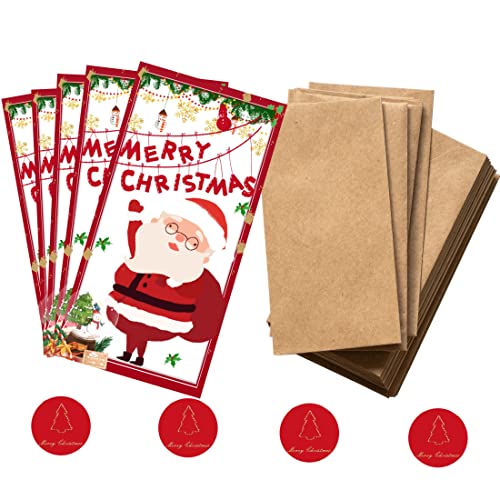 Christmas Money Cards with Kraft Envelopes - 10 Money Holder Christmas Cards with 10 Kraft Envelopes 10 Festive Holiday Stickers -Money Cards for Cash Gift Christmas-Red Card-Santa