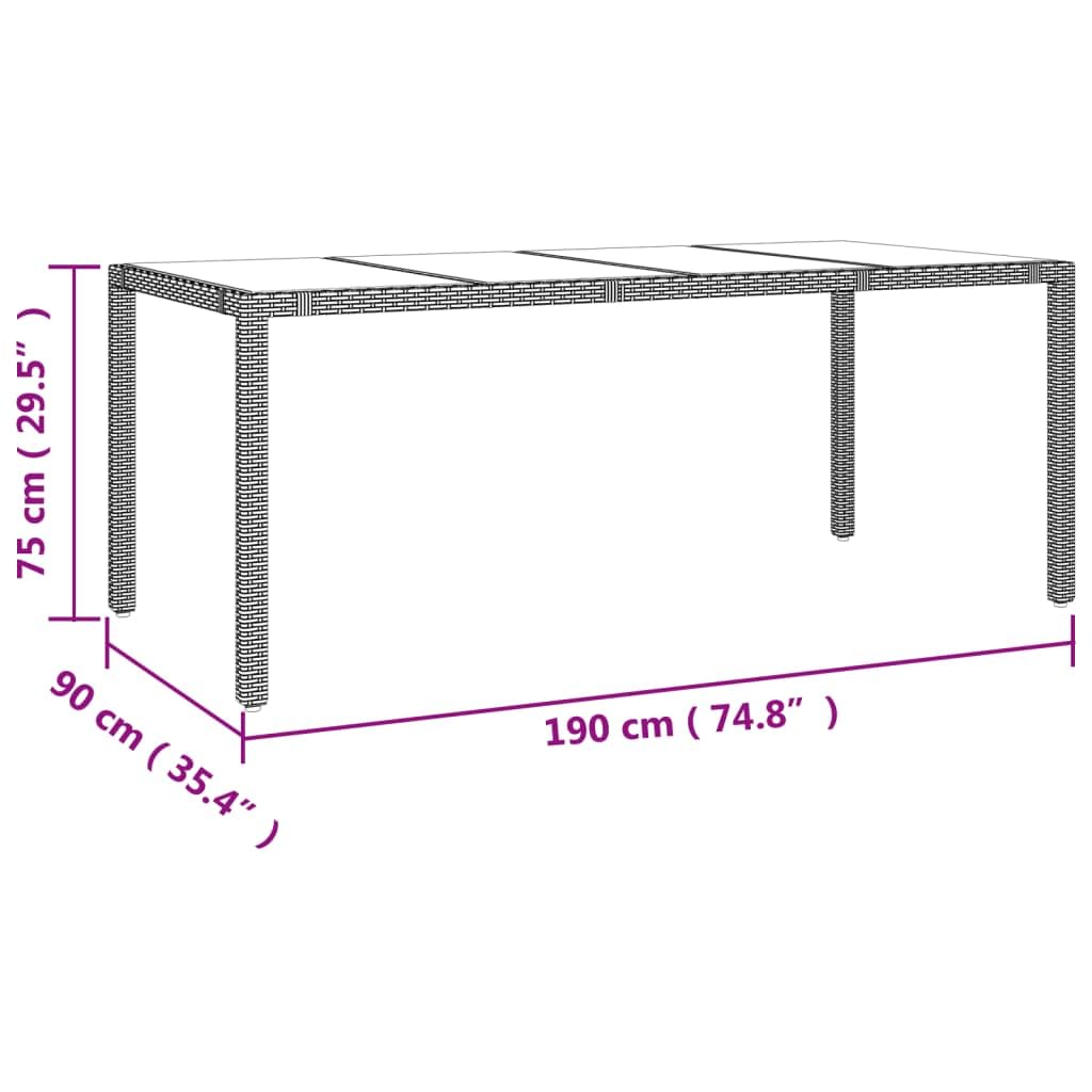 Tavolo da giardino con ripiano in vetro beige, in polyrattan, telaio in acciaio e vetro temperato, 190 x 90 x 75 cm, tavolo da terrazza per esterni, tavolo da giardino e terrazza