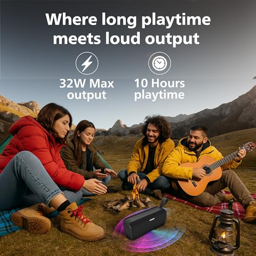 Image of PHILIPS Audio TAS2400BK Portable Bluetooth Speaker with Stereo Sound, 32W RMS, 2400mAh Rechargeable Battery, BT v5.3 Connectivity, IPX4 Waterproof, Supports TF /USB /BT Modes with Hanging Strap (Black)