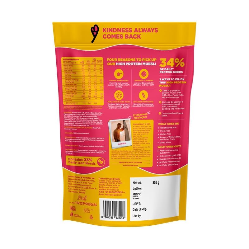 Image of Yogabar Super High Protein Muesli (Fruits & Nuts) 850g & Oat Milk 1 ltr Combo | Lactose Free | No Added Sugar |Gluten Free | No Preservatives | Source of Calcium & Vitamins | Plant Based Breakfast Combo