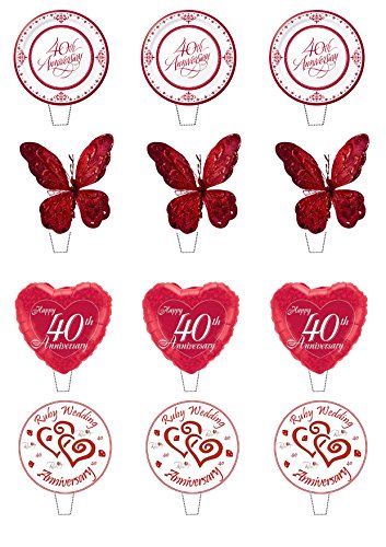 Ruby Wedding 40th Anniversary Edible Cupcake Toppers - Stand-up Wafer Cake Decorations (Pack of 24), Red - Image 2