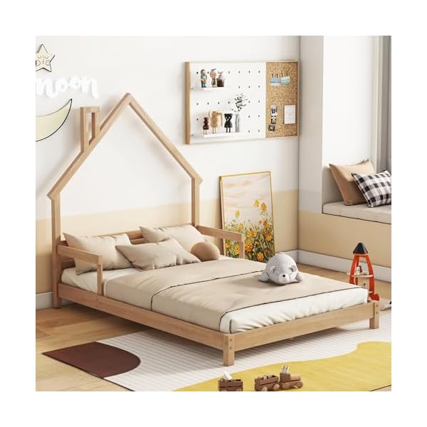 Full size bed frame for kidshouse shaped headboard kids bedgirls bed with handrailslow platform bed for boys girlsno box spring needednatural  urban country home decor