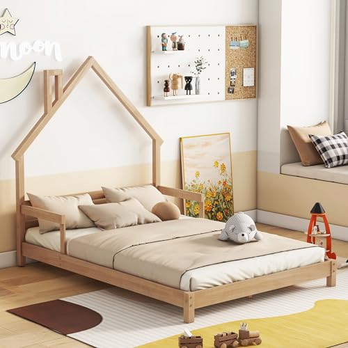 Full Size Bed Frame for KidsHouse Shaped Headboard Kids BedGirls Bed with HandrailsLow Platform Bed for Boys GirlsNo Box Spring NeededNatural