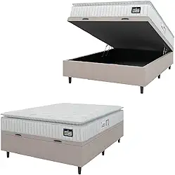 Cama Box Baú Casal Colchão Espuma D45 Lazio Pillow Top 138x188x65cm Suede Branco/Bege Hellen – Suporta Até 150 Kg Por Pessoa