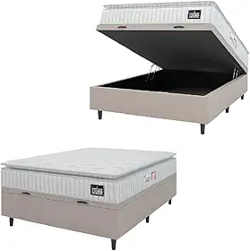 Cama Box Baú Casal Colchão Espuma D45 Lazio Pillow Top 138x188x65cm Suede Branco/Bege Hellen – Suporta Até 150 Kg Por Pessoa