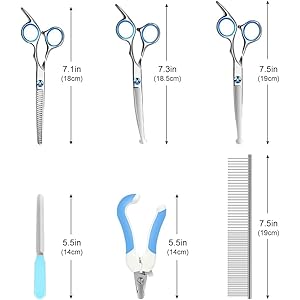 Professional Dog Grooming Scissors Kit Safety Round Tip with Dog Nail Clippers Stainless Steel Comb Thinning Scissors Curved Scissors Straight Scissors 6 in 1 Pet Grooming Set for Dogs Hair Care