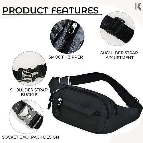 Image of Kraptick Premium Unisex Waist Bag for Men and Women - Stylish Hip Bag, Fanny Pack, Travel Money Belt (Black)