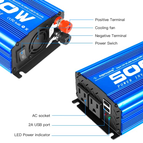 Ngnwob Continuous 500W Inverter Power Inverters Dc 12V To 110V Ac Car Inverter Power Converter With2 Usb Outlet And 2 Ac Outlet For Car Vehicle Truck Camping #TOP2