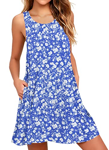 AUSELILY Sommerkleid Damen Rundhals Knielang Freizeitkleider Strand Trägerkleid mit Taschen Blaue Blumen XL