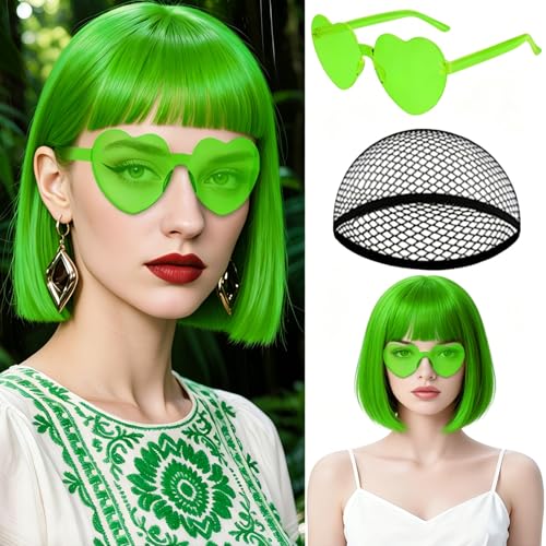 Image of MEEZY Grass Green Bob Wig with Bangs Heart Sunglasses for Women, Neon Colored Bob Hair Funny Party Wig Synthetic Crazy Hair for Woman Man Halloween Costume Cosplay Bachelorette Party Supplies