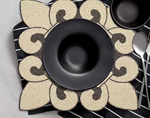 Handmade Square Beaded Fleur-Di-Lis Placemat For Dining Table - Pack Of 2 Measure 13 Inches For Gathering, Occasional Decoration And Family Parties Celebrations - Ivory/Gun Metal Black #TOP3