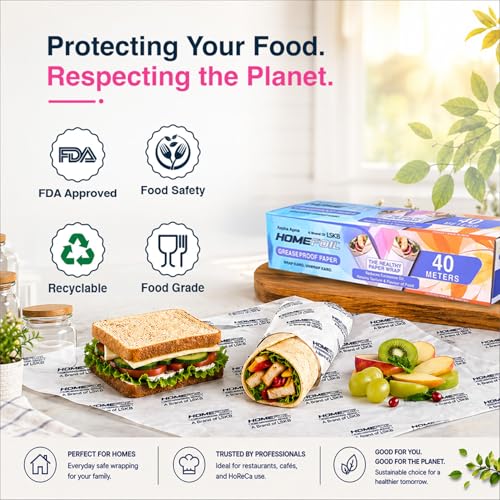 Image of HOMEFOIL Greaseproof Food Wrapping Paper Roll 40 Meter | Butter Paper | Oil Resistant | Food Grade | Microwave & Oven Safe | Ideal for Chapati, Roti Wrapping, Sandwich & Lunch Box