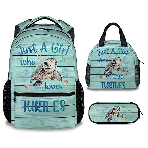 AIOMXZZ Sea Turtle Backpack with Lunch Box Set for Girls 3 in 1 School Backpacks Matching Combo Cartoon Green Bookbag And Pencil Case Bundle