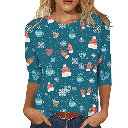 Blouses Transparent For Women Women Funny Graphic Tee Shirts Snowman Gnome Printed Tie Dye Blouse Shirts 3/4 Sleeve Round Neck Xmas Holiday T-Shirts(B- Blue,Large) #TOP22