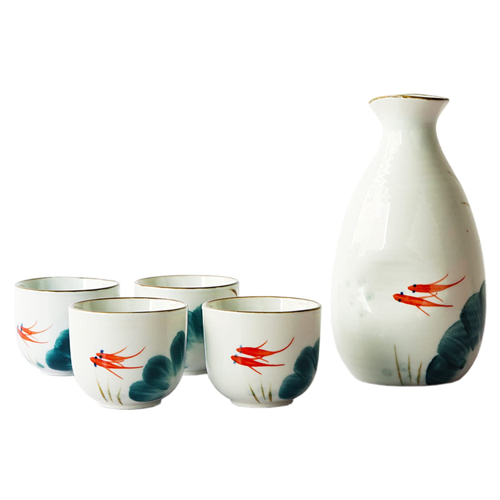 Ensemble de saké, Ensemble de Tasses à saké Japonais Traditionnel, Peint à la Main, Tasses en céramique, Verres à vin Faits à la Main, Ensemble de 5, Poisson Rouge