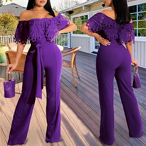 Image of Off Shoulder Jumpsuit for Women High Waist Wide Leg Long Pants Jumpsuits