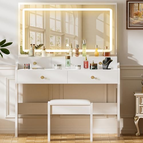 Image of COMHOMA Makeup Vanity Desk with Mirror and Lights, Vanity Table and Chair Set with 5 Drawers & Charging Station, Bedroom Dressing Table, Stepless Dimmable & 3 Color Modes Adjustable, Snow White