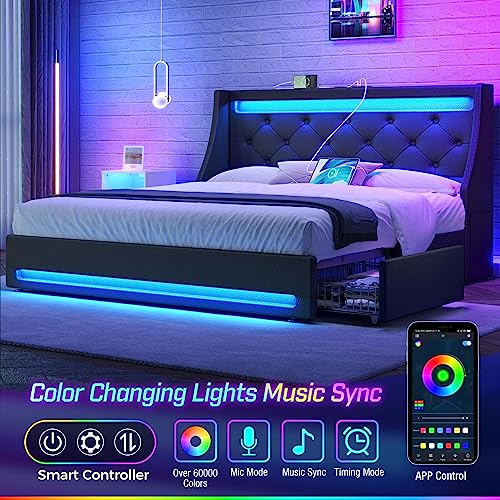 Rolanstar Queen Bed Frame with LED Lights and Charging Station, PU Leather Bed with Drawers, Wooden Slats, Noise Free, Easy Assembly, Black