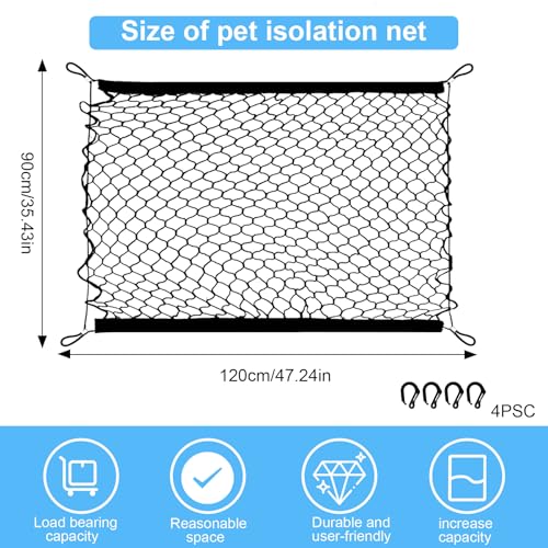Junrvivy Hundegitter Auto Kofferraum Netz doppellagig, Kofferraumnetz Hunde, Kofferraum Trenngitter, Hundenetz Auto mit 4 Haken, Faltbares Aufbewahrungsnetz, Haustier Trenngitter 120x90 cm