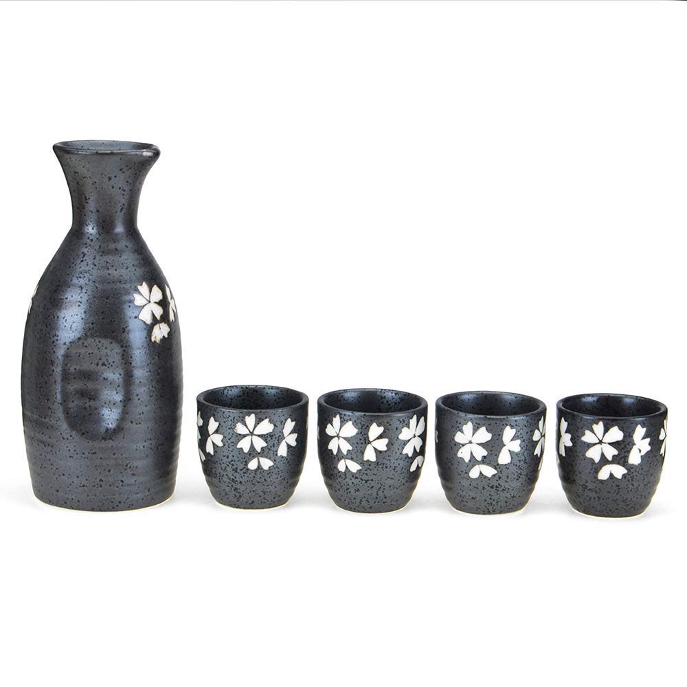 MRKU Service à saké 5 pièces, Ensemble de Tasses à saké japonaises, Tasses en céramique au Design Noir peintes à la Main Traditionnelles, Texture pittoresque, pour thé Shochu Chaud et Froid, Meilleur