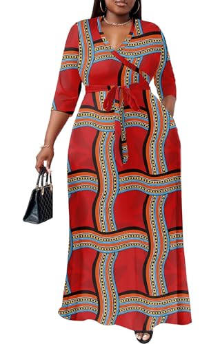 Image of Nmoder Plus Size Maxi Dress for Women - Summer Casual 3 /4 Sleeve Floral Flowy Long Dress with Belt XL- 6XL