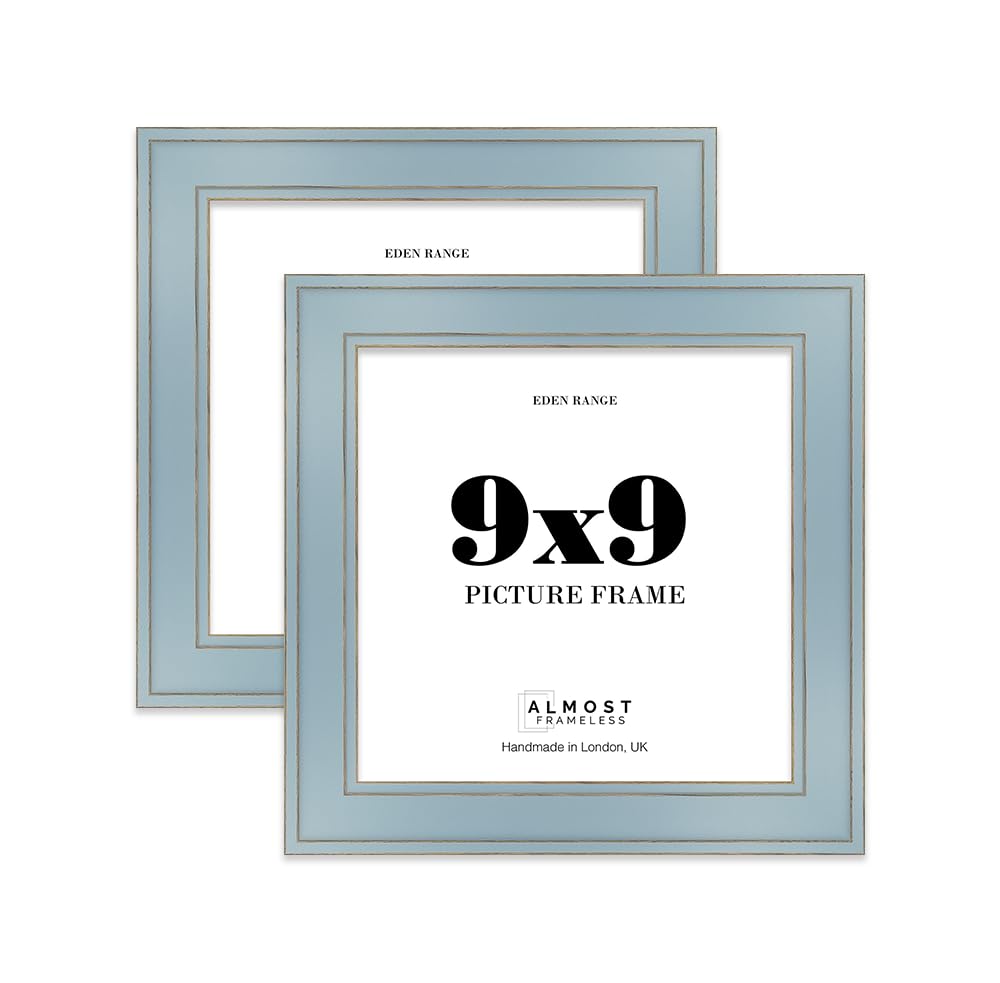 9x9 Cornflower Blue Picture Frame - Shabby Chic Photo Frame with Distressed Finish, Gold Trim, Wall Hooks and Kickstand, 37mm Edge - 2 Pack