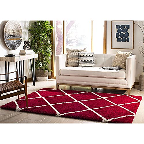 Image of Super Ultra Modern Soft Shaggy Handcrafted Anti-Skid Silk Touch Carpet, Size 5x5 Square Feet, Color REDD & Ivory 1