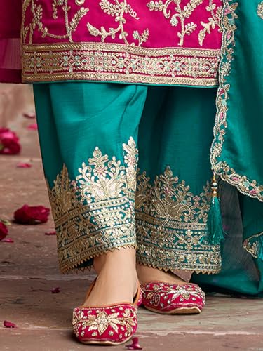 Image of INDO ERA Women's Silk Blend Embroidered Straight Kurta & Pant With Dupatta Set (IEOUT10592)