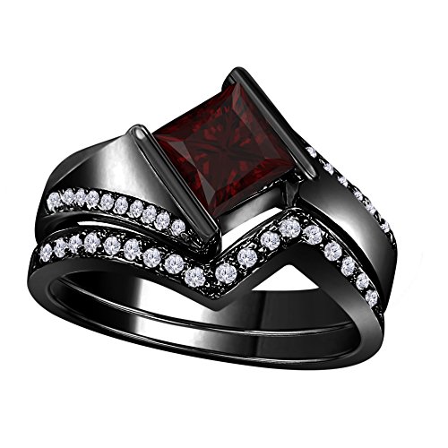 1.50 Ct Princess & Round Cut Red Garnet & White CZ Diamond 14k Black Gold Plated Bezel Set Wedding Engagement Ring Bridal Set