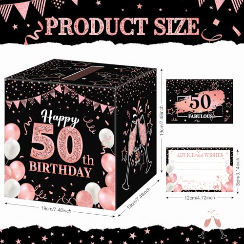 Image of Funrous 50th Birthday Party Message Card Box Cheers to 50 Years Black Rose Gold Advice and Wishes Greeting Card Box for Men Women Birthday Decorations Party Supplies Anniversary Tables Sign Decor